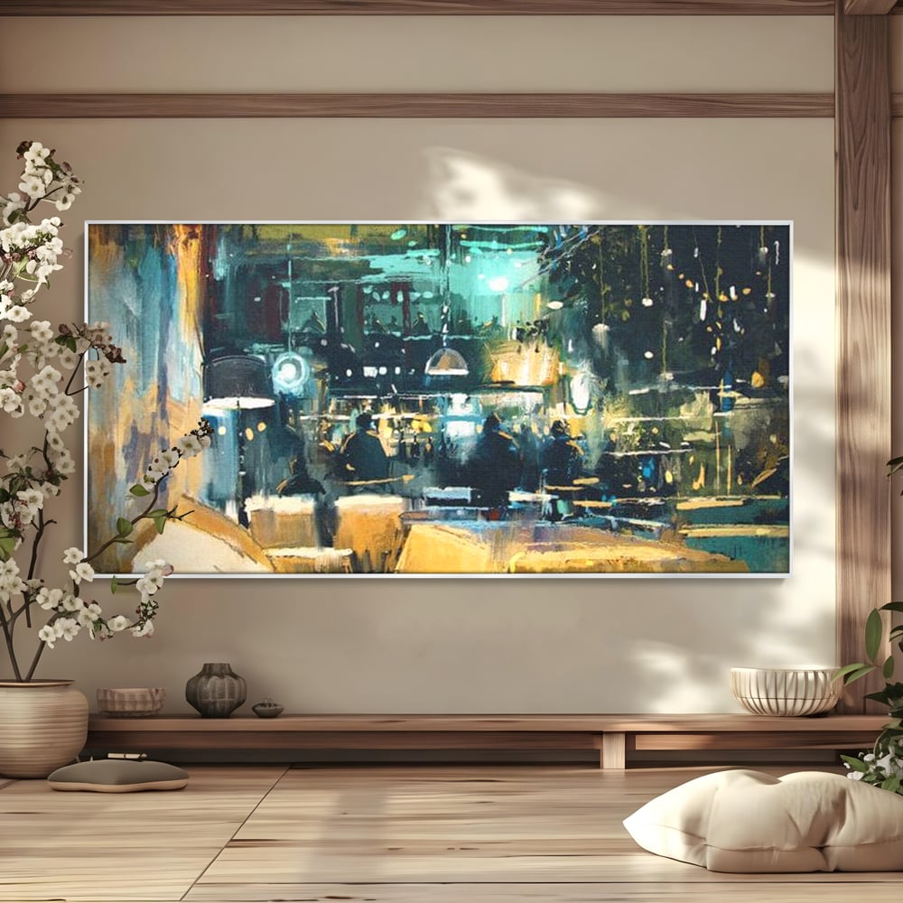 Tablou canvas cu pictura urbana cu pub luminat noaptea, in rama de aluminiu argintiu